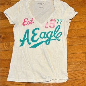 American Eagle Outfitters White and Teal V-Neck Tee